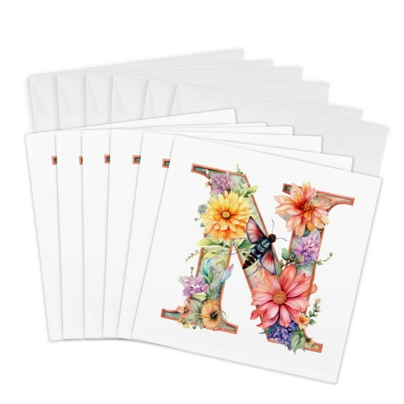3drose, Pretty Pastel Floral Insect Monogram Initial N, 6 Greeting Cards with Envelopes