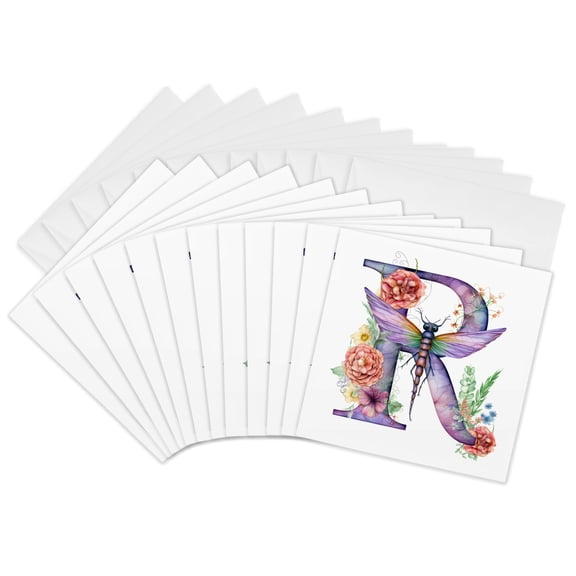 3drose, Pretty Pastel Floral Insect Monogram Initial R, 12 Greeting Cards with Envelopes
