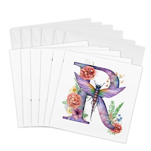 3drose, Pretty Pastel Floral Insect Monogram Initial R, 6 Greeting Cards with Envelopes