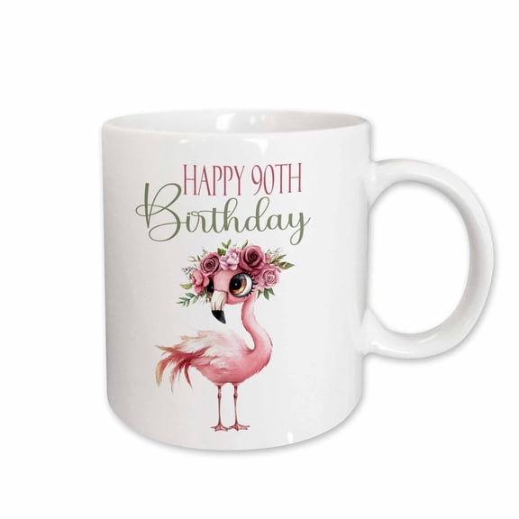 3drose, Pretty Pink Flamingo Happy 90th Birthday, 11oz Mug