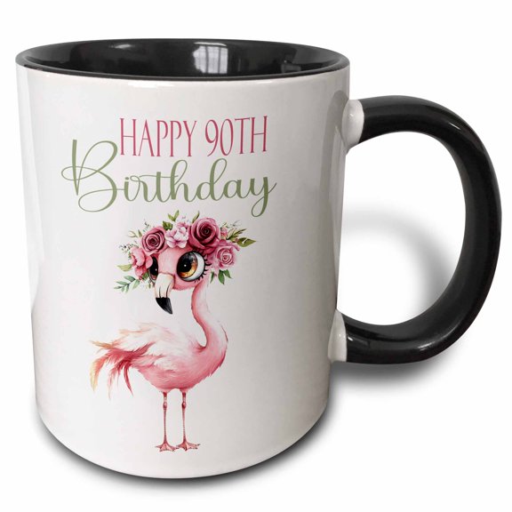 3drose, Pretty Pink Flamingo Happy 90th Birthday, 11oz Two-tone Black Mug