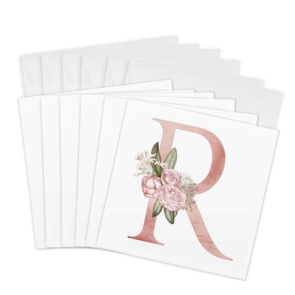 3drose, Pretty Pink Floral and Babies Breath Monogram Initial R, 6 Greeting Cards with Envelopes