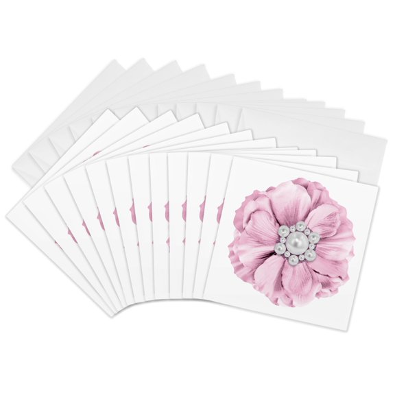 3drose, Pretty Pink Flower with Image of Pearl Center Illustration, 12 Greeting Cards with Envelopes