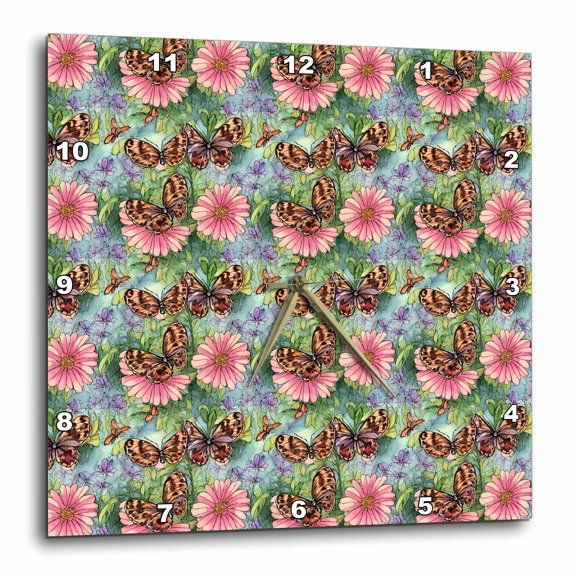 3drose, Pretty Pink Flowers and Monarch Butterfly Pattern, 13x13 Wall Clock