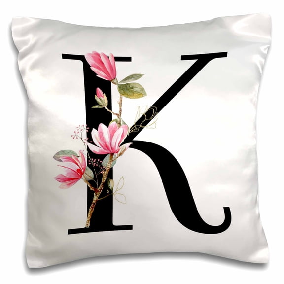 3drose, Pretty Pink Magnolia Flower Monogram Initial K, 16x16 inch Pillow Case