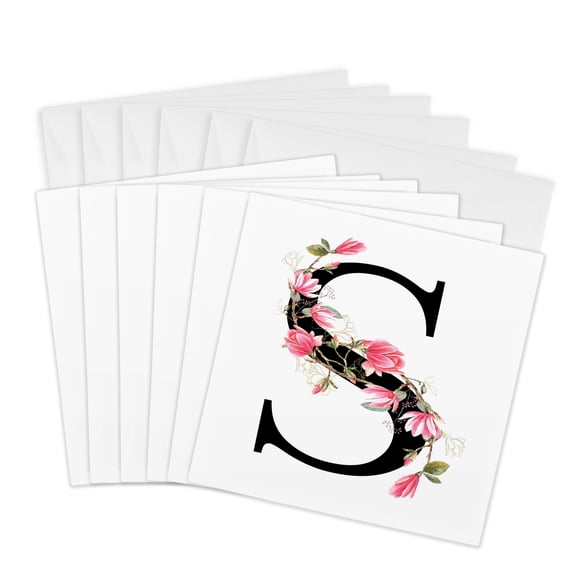 3drose, Pretty Pink Magnolia Flower Monogram Initial S, 6 Greeting Cards with Envelopes