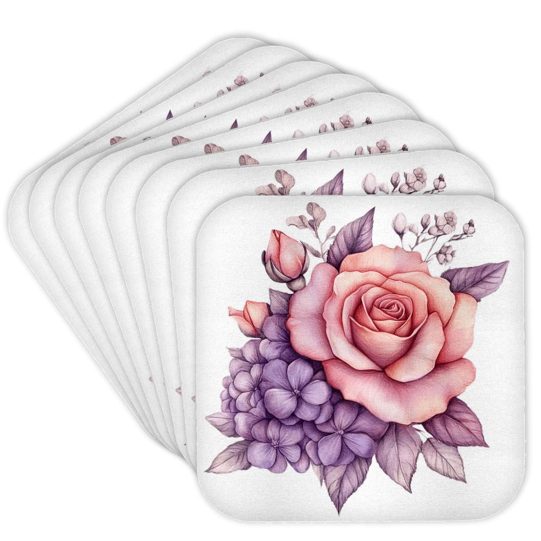 3drose, Pretty Pink Rose and Purple Flower Illustration, Set of 8 ...