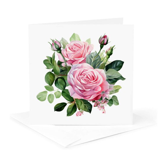 3drose, Pretty Pink Roses and Leaves Illustration, 1 Greeting Card with Envelope