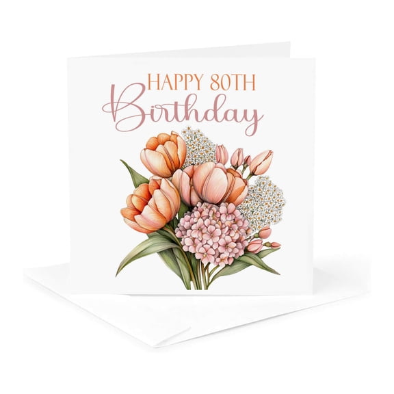 3drose, Pretty Pink and Orange Tulips Happy 80th Birthday, 1 Greeting Card with Envelope