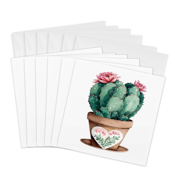 3drose, Pretty Pottted Pink Flowering Cactus Illustration, 6 Greeting Cards with Envelopes
