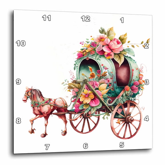 3drose, Pretty Princess Carriage Pulled by a Horse with Flowers Illustration, 15x15 Wall Clock