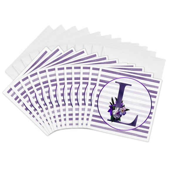 3drose, Pretty Purple Floral and Stripes Monogram Initial L, 12 Greeting Cards with Envelopes