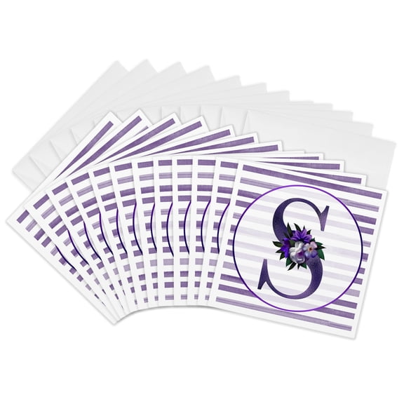 3drose, Pretty Purple Floral and Stripes Monogram Initial S, 12 Greeting Cards with Envelopes