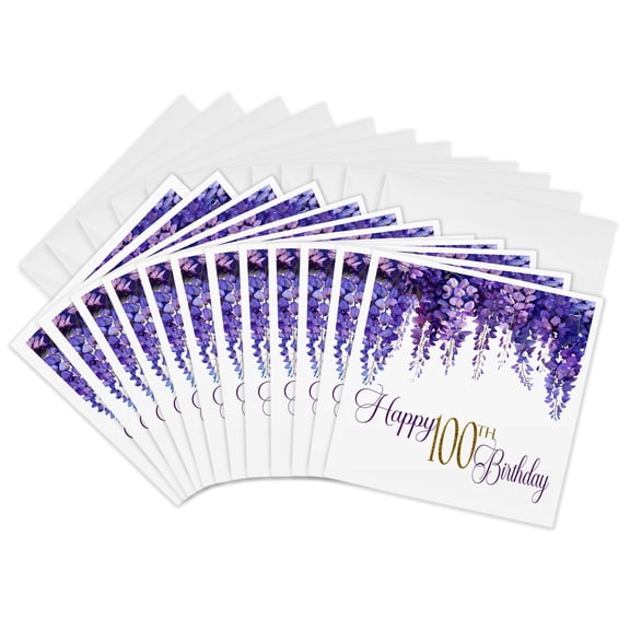 3drose, Pretty Purple Wisteria Happy 100th Birthday, 12 Greeting Cards with Envelopes