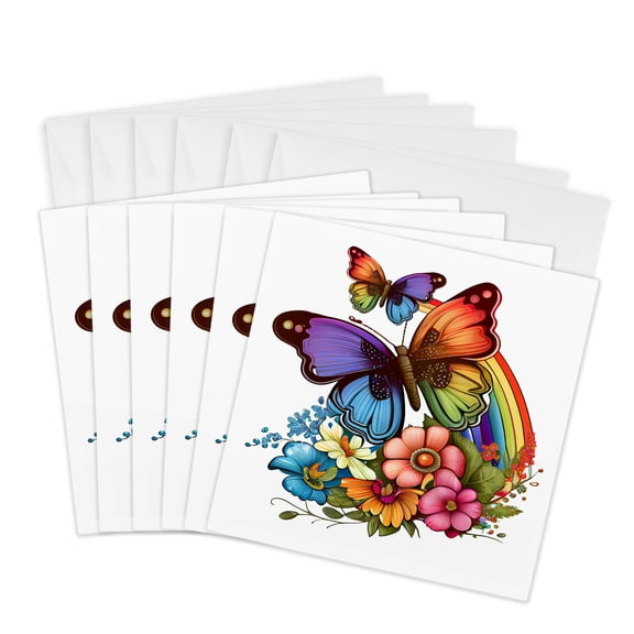 3drose, Pretty Rainbow Colored Butterflies, Rainbow, and Flowers Illustration, 6 Greeting Cards with Envelopes