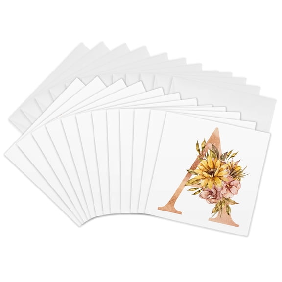 3drose, Pretty Sunflower Monogram Initial A, 12 Greeting Cards with Envelopes