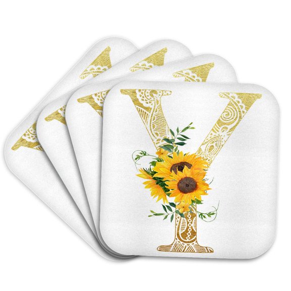3drose, Pretty Sunflowers Image of Gold Ornamental Monogram Initial Y, Set of 4 Coasters - Cork