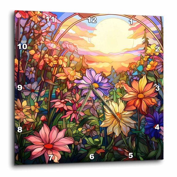 3drose, Pretty Sunset Image of Stained Glass Flower Meadow Background, 15x15 Wall Clock