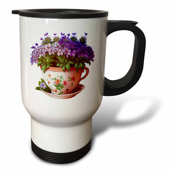 3drose, Pretty Teacup of Flowers Illustration, 14oz Stainless Steel Travel Mug