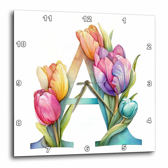 3drose, Pretty Tulip Flower Monogram A, 10x10 Wall Clock