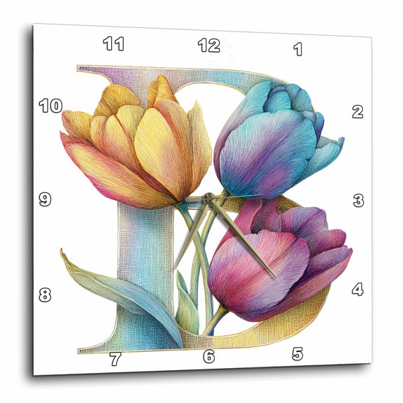 3drose, Pretty Tulip Flower Monogram B, 10x10 Wall Clock