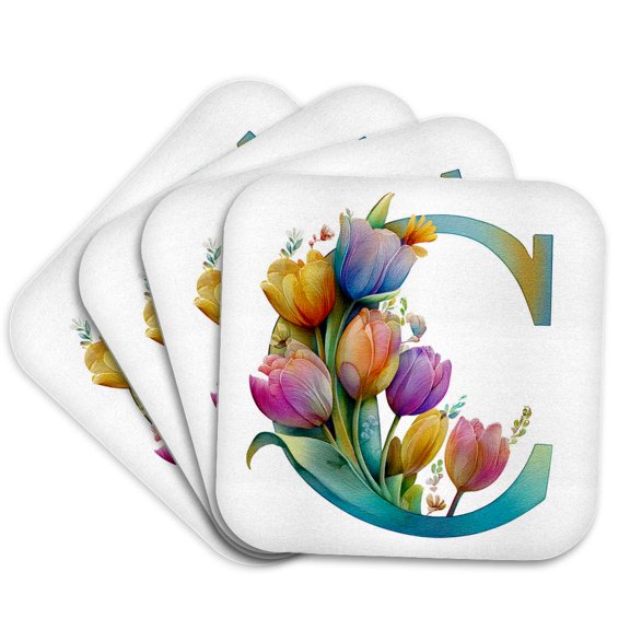 3drose, Pretty Tulip Flower Monogram C, Set of 4 Coasters - Soft