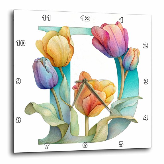 3drose, Pretty Tulip Flower Monogram D, 15x15 Wall Clock