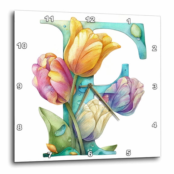 3drose, Pretty Tulip Flower Monogram F, 15x15 Wall Clock