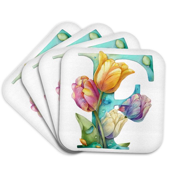 3drose, Pretty Tulip Flower Monogram F, Set of 4 Coasters - Soft