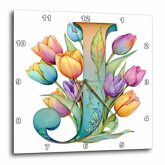 3drose, Pretty Tulip Flower Monogram J, 10x10 Wall Clock