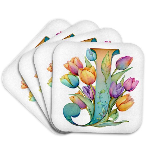 3drose, Pretty Tulip Flower Monogram J, Set of 4 Coasters - Soft
