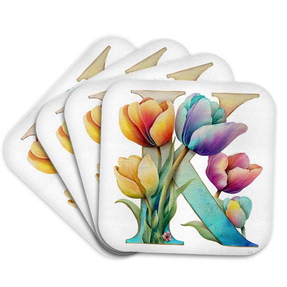 3drose, Pretty Tulip Flower Monogram K, Set of 4 Coasters - Soft