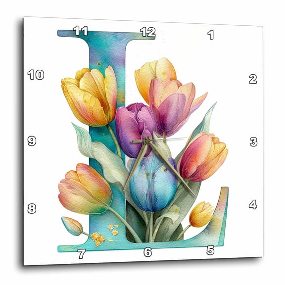 3drose, Pretty Tulip Flower Monogram L, 15x15 Wall Clock