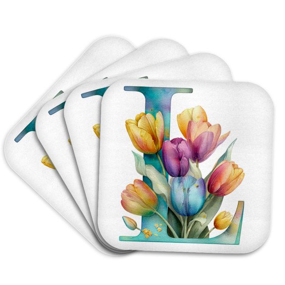 3drose, Pretty Tulip Flower Monogram L, Set of 4 Coasters - Soft