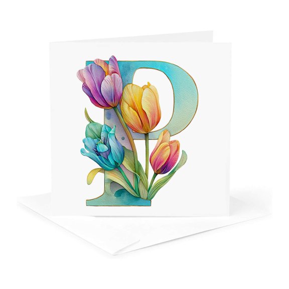 3drose, Pretty Tulip Flower Monogram P, 1 Greeting Card with Envelope