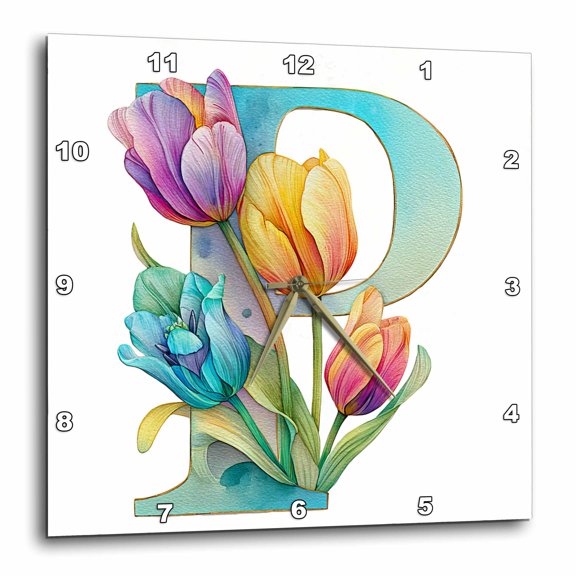3drose, Pretty Tulip Flower Monogram P, 10x10 Wall Clock