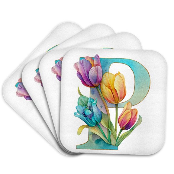 3drose, Pretty Tulip Flower Monogram P, Set of 4 Coasters - Soft