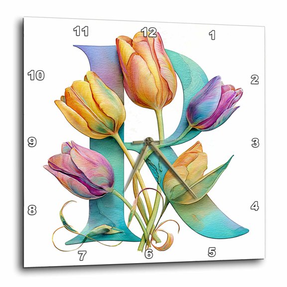 3drose, Pretty Tulip Flower Monogram R, 15x15 Wall Clock