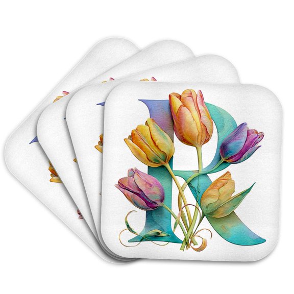 3drose, Pretty Tulip Flower Monogram R, Set of 4 Coasters - Soft