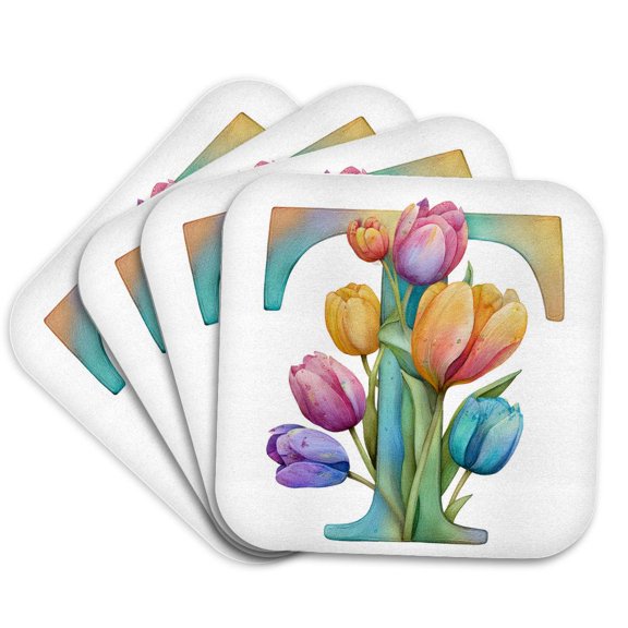 3drose, Pretty Tulip Flower Monogram T, Set of 4 Coasters - Soft