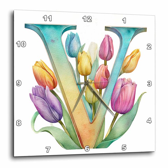 3drose, Pretty Tulip Flower Monogram V, 10x10 Wall Clock