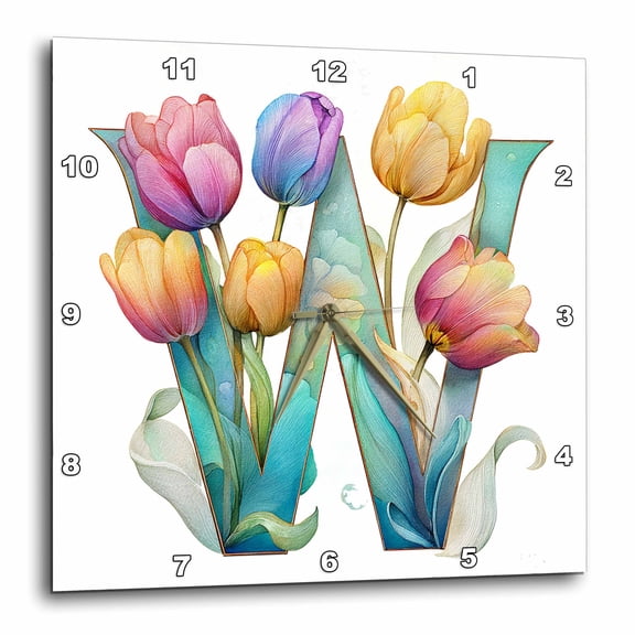 3drose, Pretty Tulip Flower Monogram W, 10x10 Wall Clock