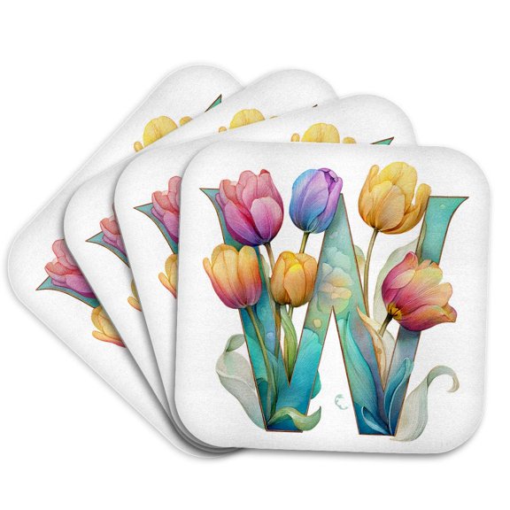 3drose, Pretty Tulip Flower Monogram W, Set of 4 Coasters - Soft