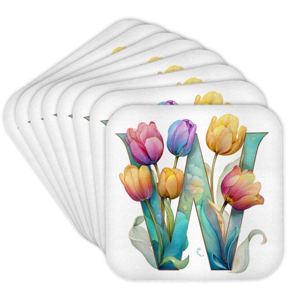 3drose, Pretty Tulip Flower Monogram W, Set of 8 Coasters - Soft