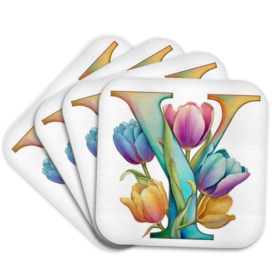 3drose, Pretty Tulip Flower Monogram Y, Set of 4 Coasters - Soft