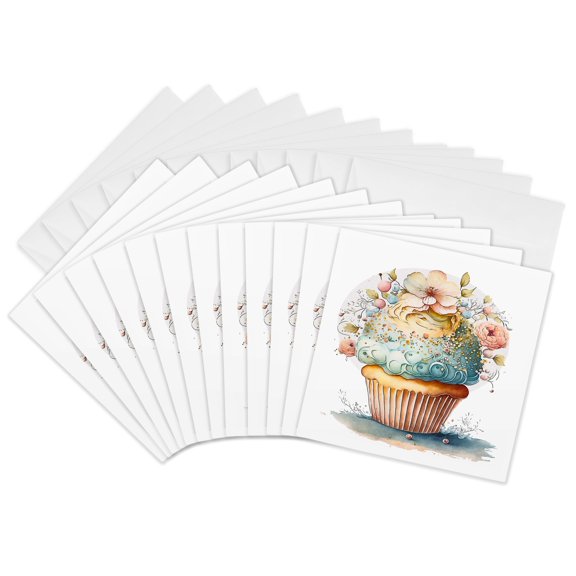 3drose, Pretty Vanilla Cupcake with Blue Frosting and Flowers Illustration, 12 Greeting Cards with Envelopes