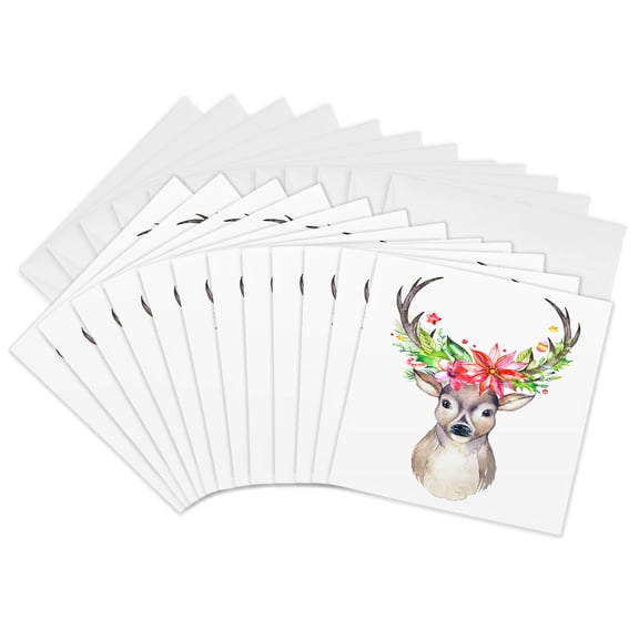 3drose, Pretty Watercolor Christmas Deer with Floral Antlers, 12 Greeting Cards with Envelopes