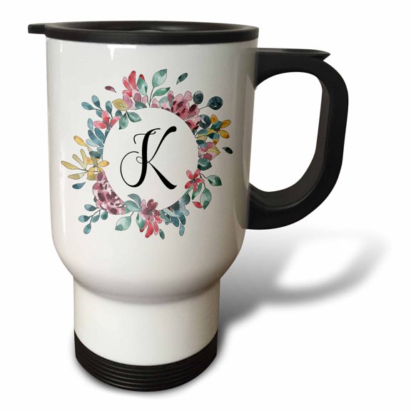 3drose, Pretty Watercolor Floral Circle Frame with a Monogram Initial K, 14oz Stainless Steel Travel Mug