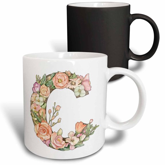 3drose, Pretty Watercolor Floral Monogram Letter C, 11oz Magic Transforming Mug