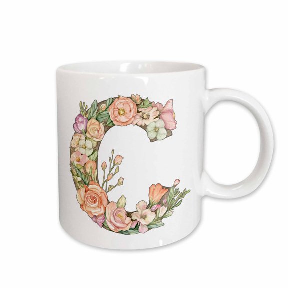 3drose, Pretty Watercolor Floral Monogram Letter C, 11oz Mug